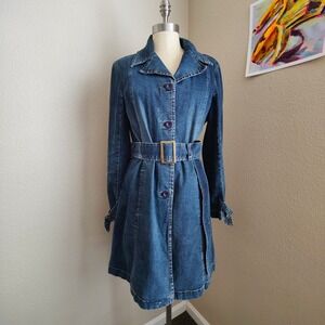 Vintage Y2K Denim Trench Coat Belted Jacket Brass Western Utility Cowgirl Sz MP